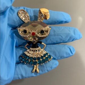Crystal Bunny Brooch with Blue Skirt